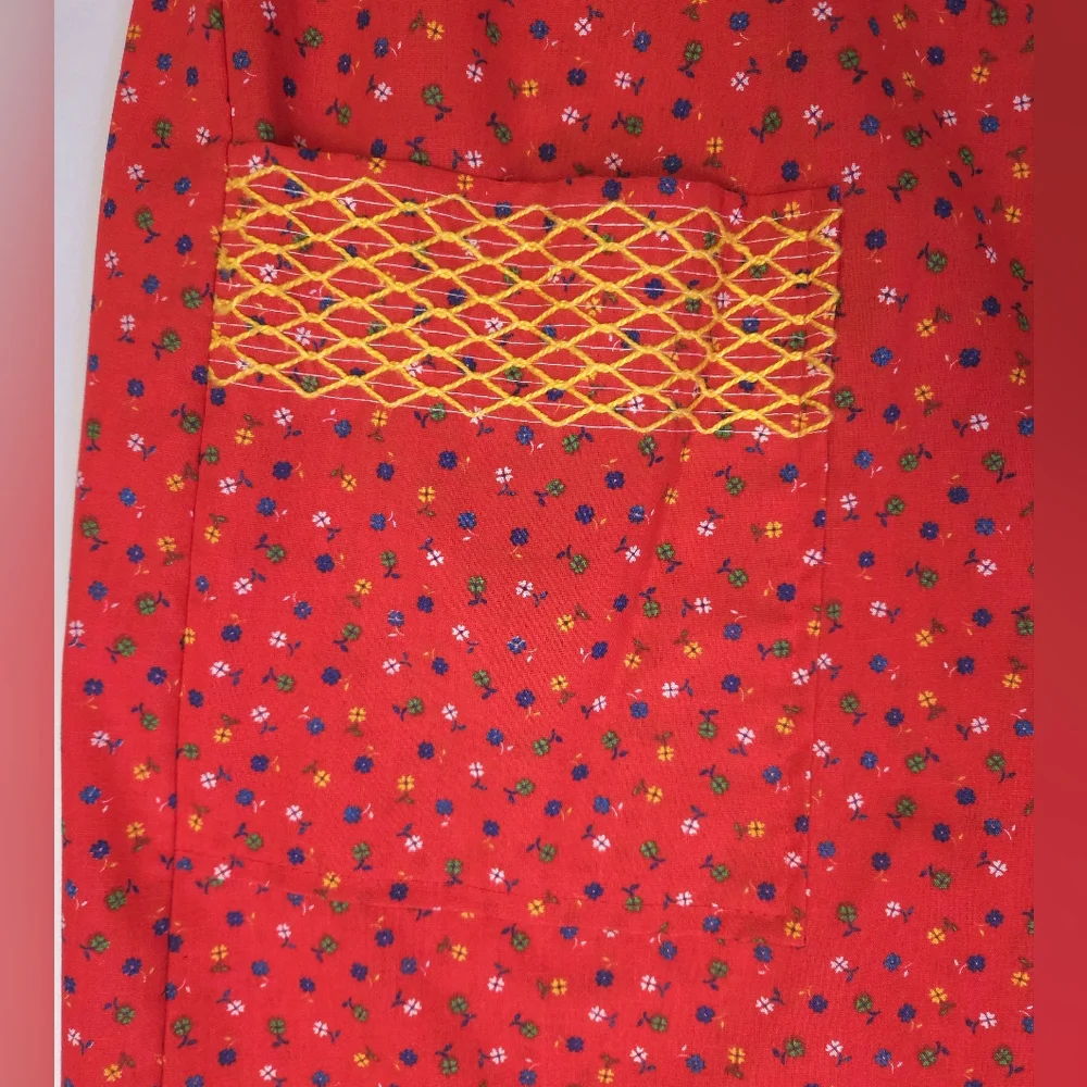 Vintage 80s Red Floral Snap Smock Craft House Dress Apron Womens Large - Picture 6 of 14